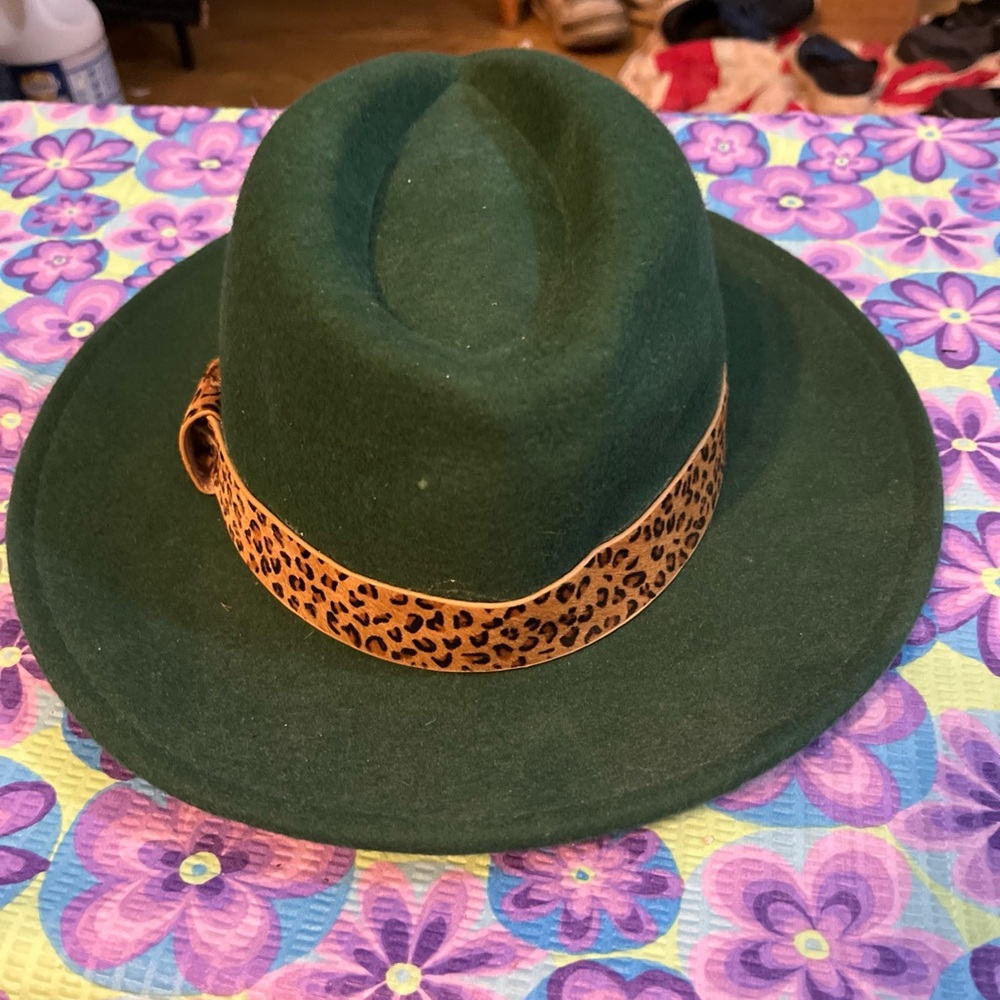 Green Fedora Hat with Leopard Band